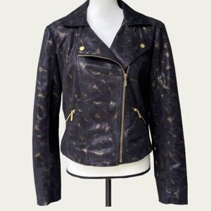 Rock & Republic Black Moto Jacket Faux Leather Snakeskin W Gold Accents Sz MED